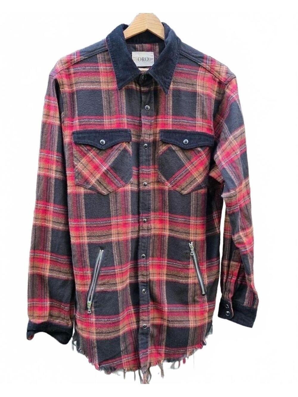 ORO LA Red Black Plaid Shacket Jacket Distressed Hem Zip Pockets Cotton/Wool Med